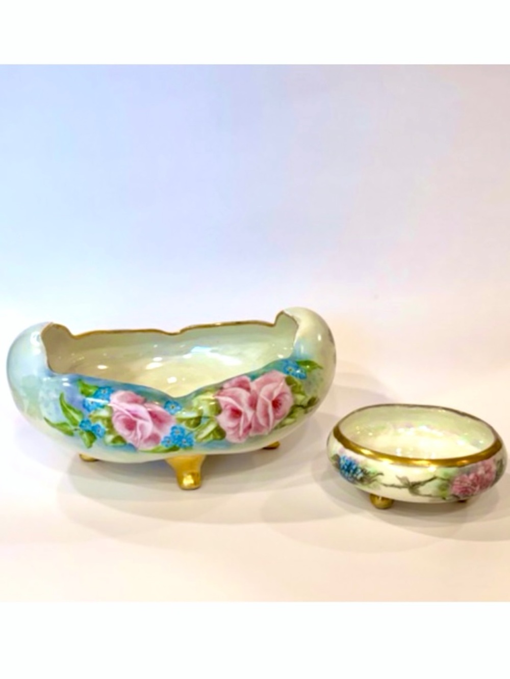 Antique Hand Painted Porcelain Footed Bowl Set 2pc Signed by Howe Royal Austria